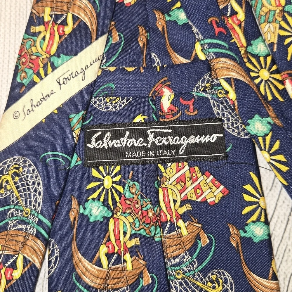 Salvatore Ferragamo Silk Tie Navy Fishermen Nautical Boats Italy Luxury Novelty